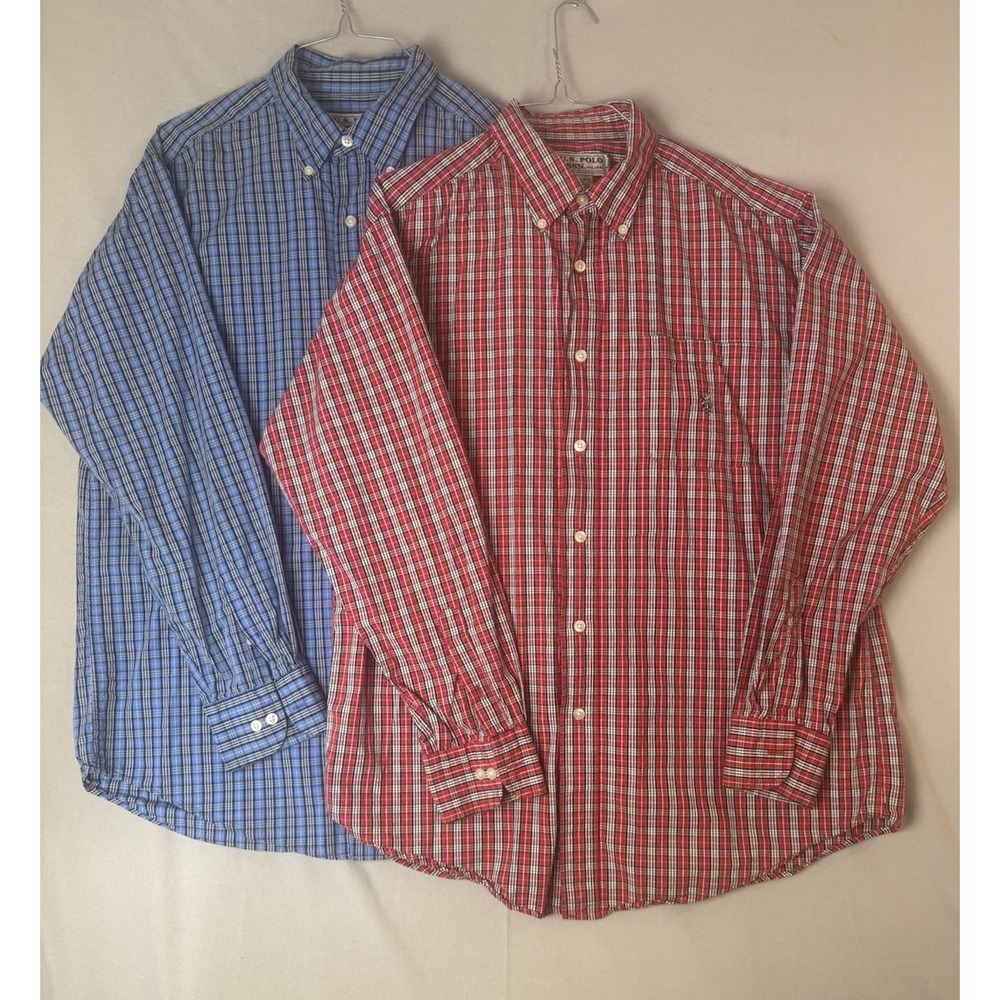 Lot of 2 U.S. Polo Assn. Men's Plaid Shirts Medium Long Sleeve Blue & Red